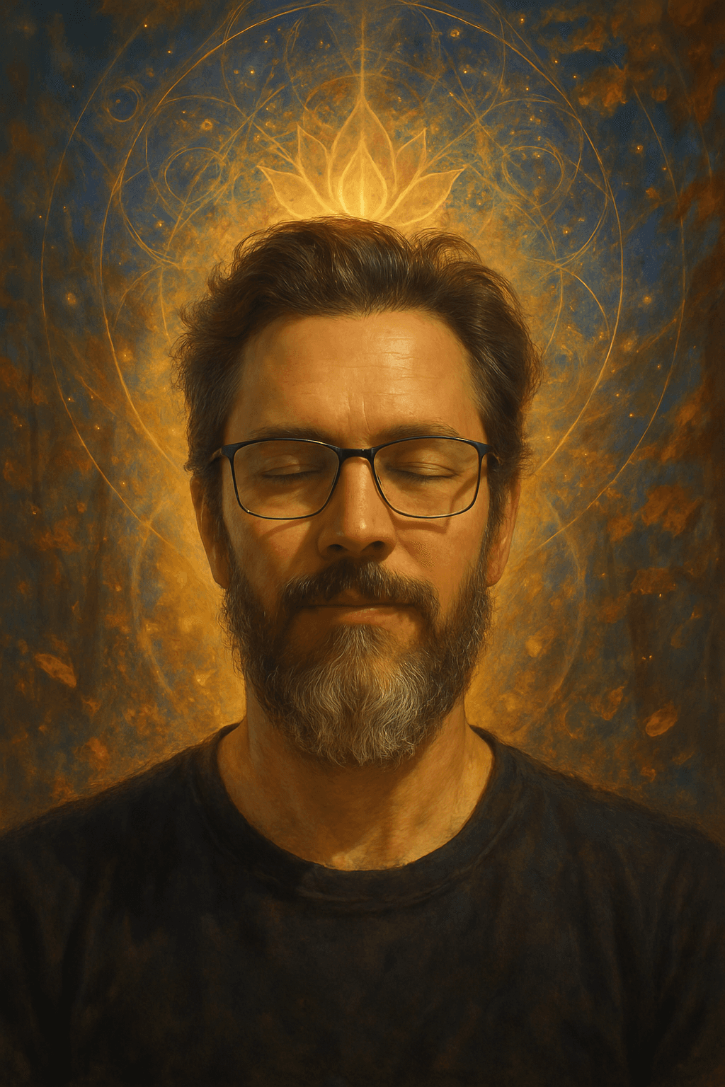 Jeffrey Stewart in a meditative state with a golden aura